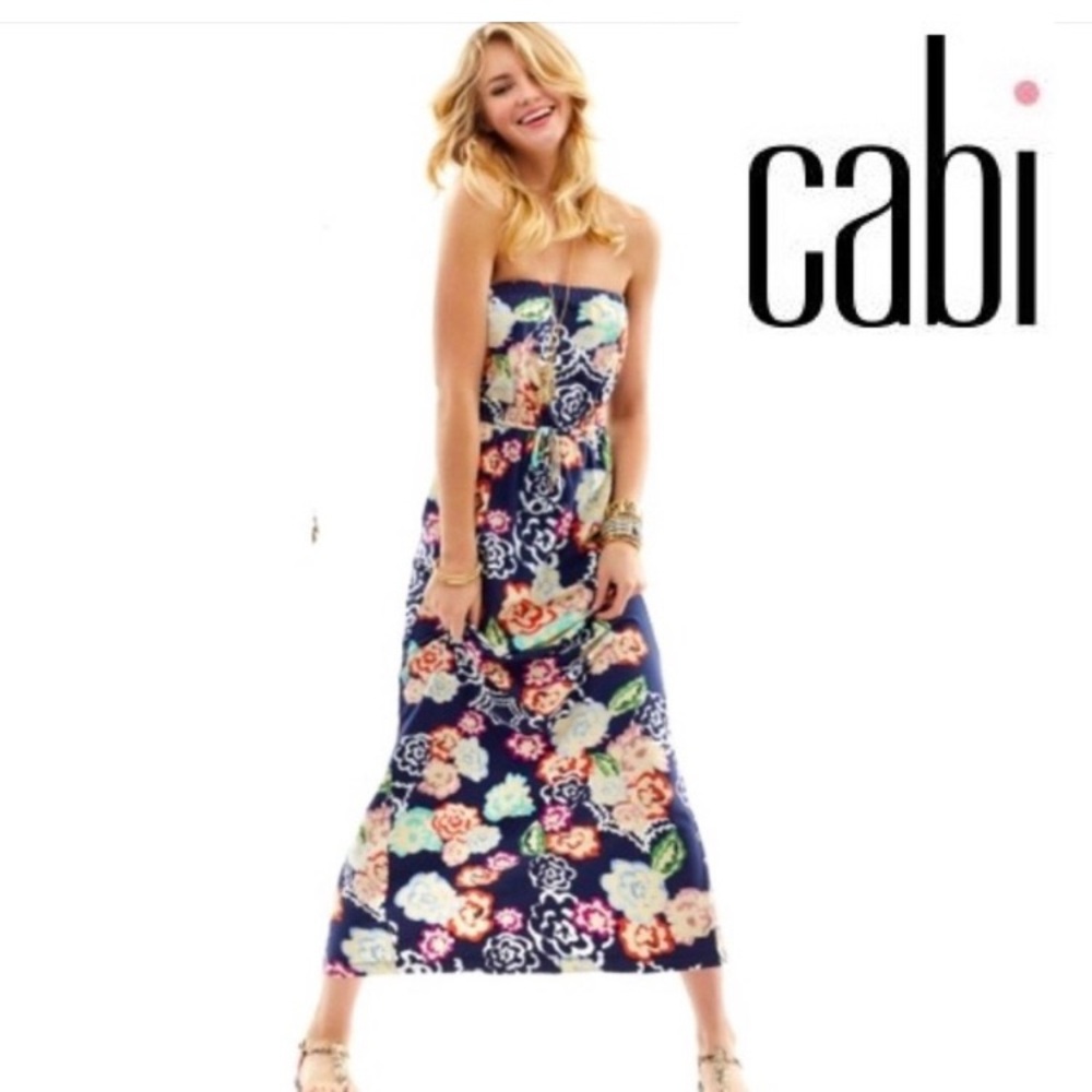 CAbi 629 Strapless Drawstring Waste Floral Print Maxi Dress Women’s Sz Large